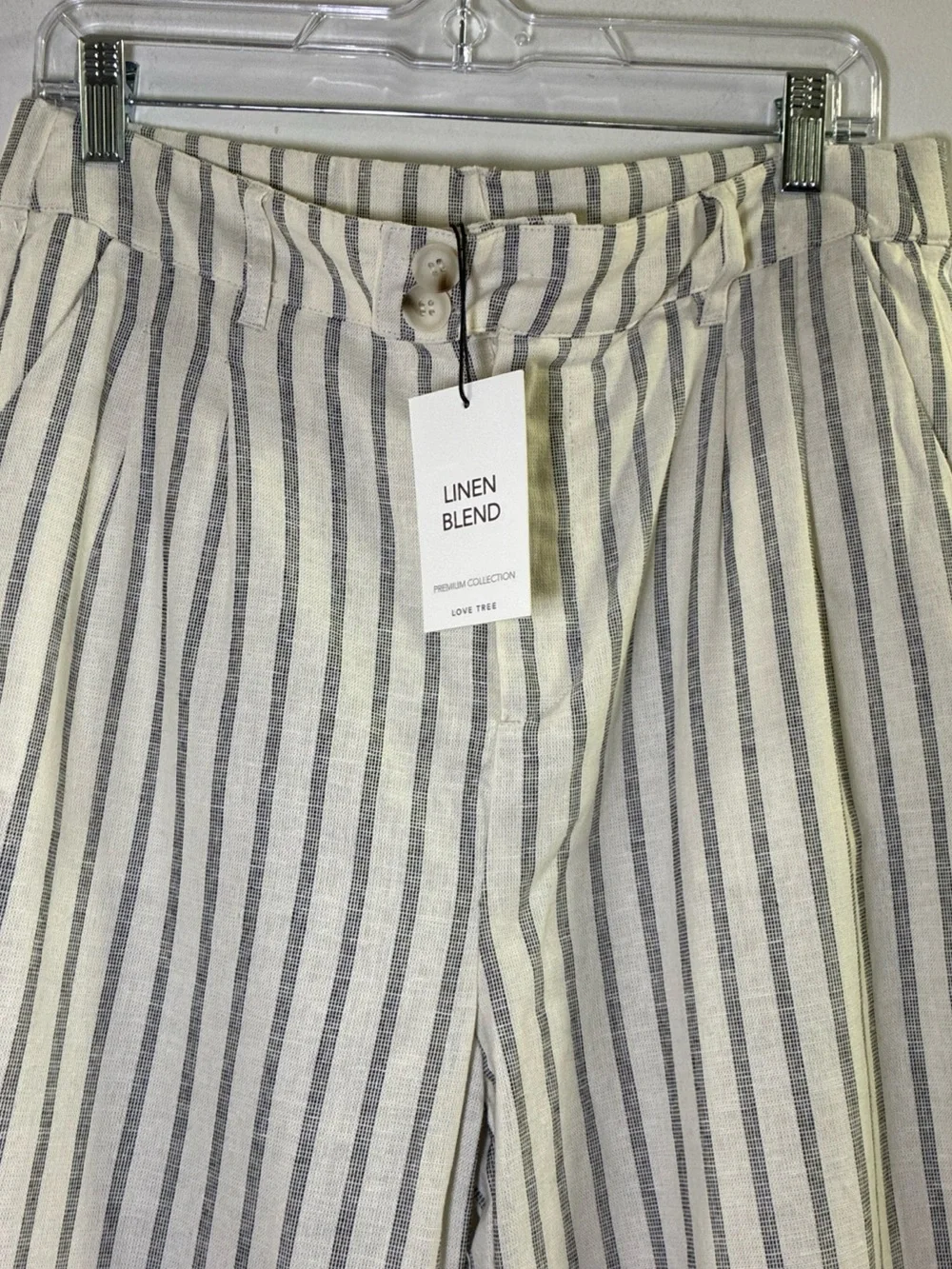 NWT Love Tree Cream Linen Blend Wide-Leg Pants with Gray Vertical Stripes